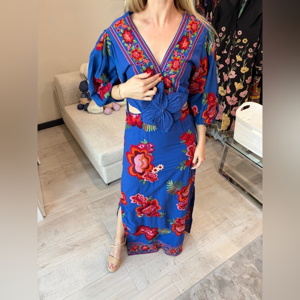 FARM Rio Blue Floral Midi Dress with Red & Pink Embroidery